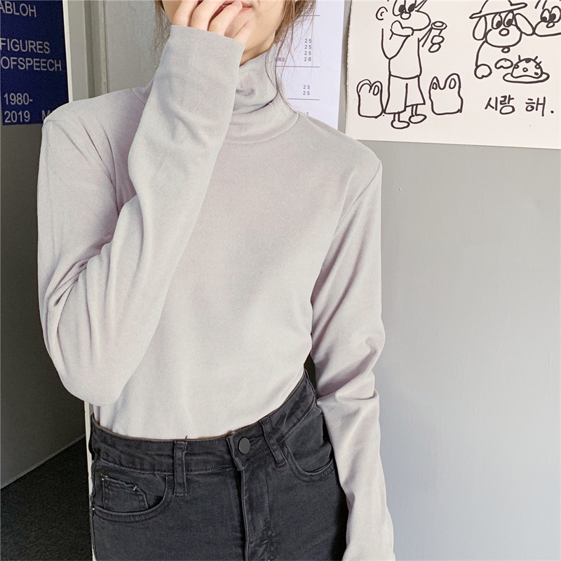 SUXI Áo Thun Dài Tay Cổ Cao Màu Sắc Đơn Giản Cho Nữ