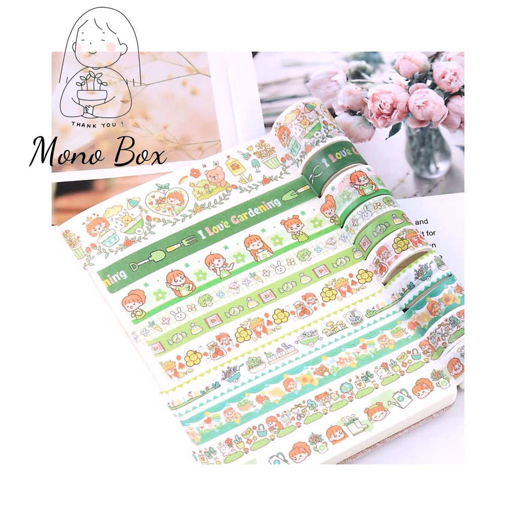Combo sticker dán 10 tờ, 10 cuộn washi tape, 30 tờ giấy note hoạt tiết cô gái ngọt ngào dễ thương Mono_box CB1