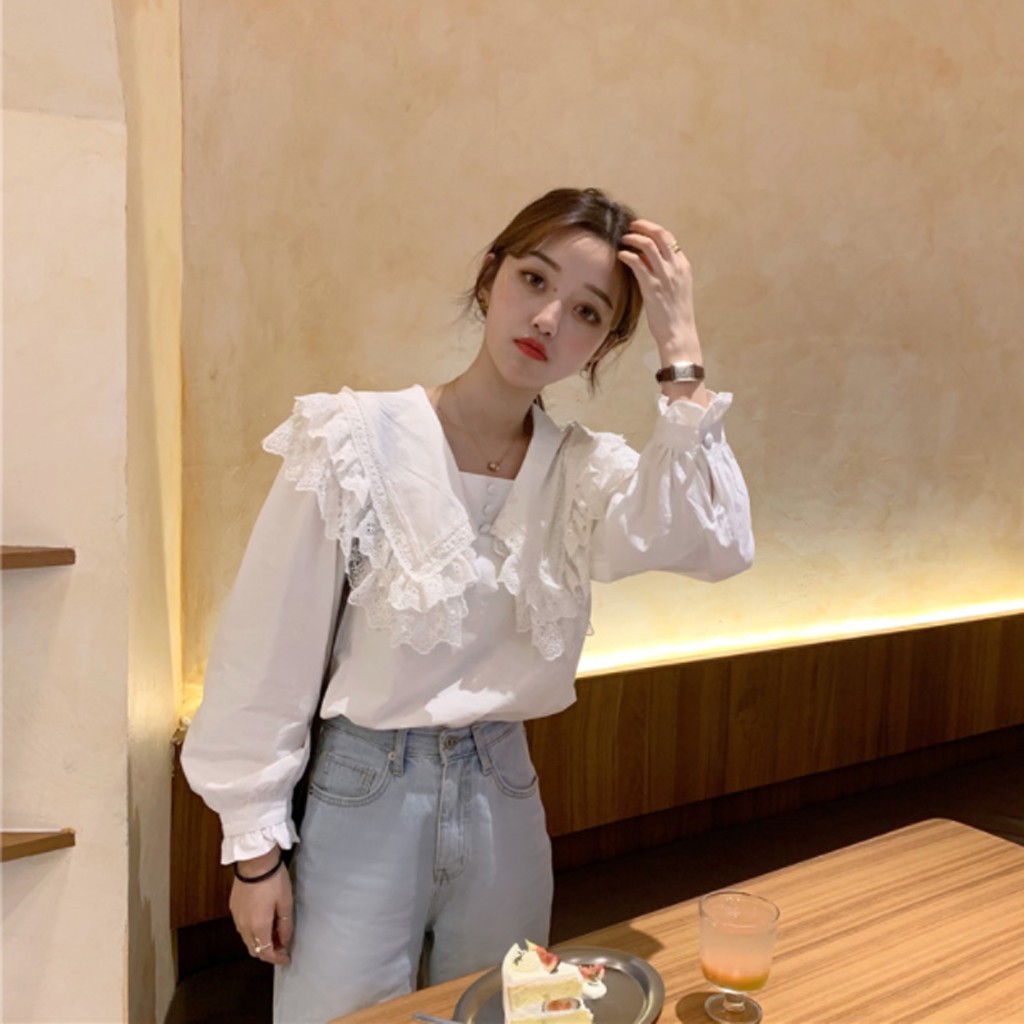 Áo sơ mi nữ viền ren cúc bọc tay dài màu trắng be phong cách thời trang Hàn Quốc -CKA169 | BigBuy360 - bigbuy360.vn