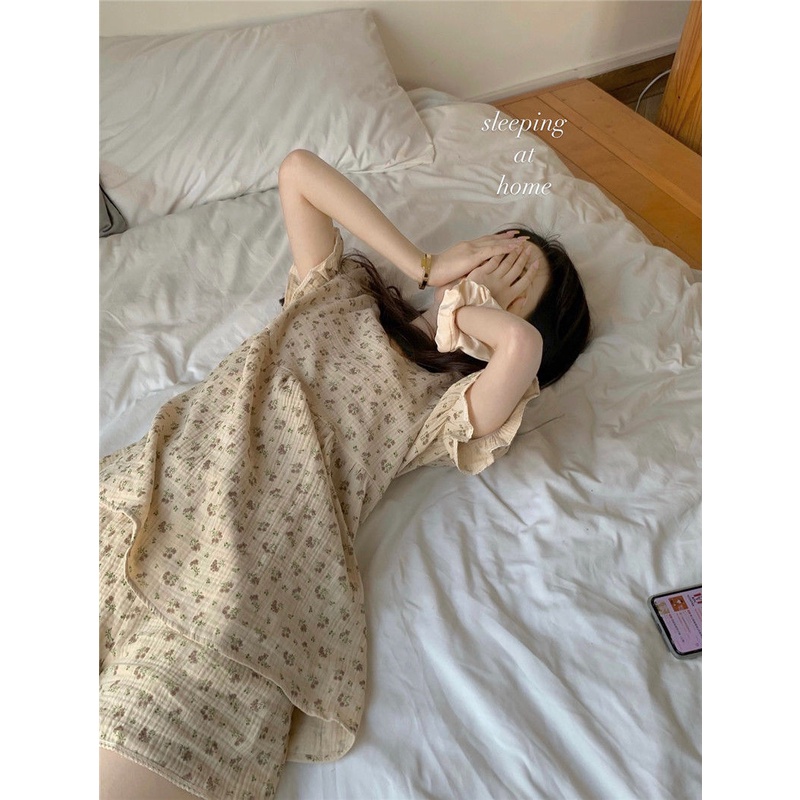 Bộ Đồ Ngủ Áo Tay Phồng Phối Quần Short In Hoa Kiểu retro Hàn Quốc Thời Trang