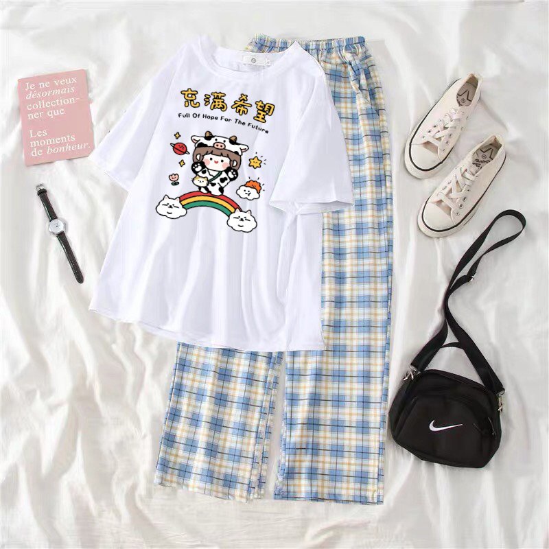Sét áo phông Cô bé bò sữa + quần kẻ, Áo thun from rộng, rộng rãi thoải mái mặc ở nhà và mặc đi chơi - FANI