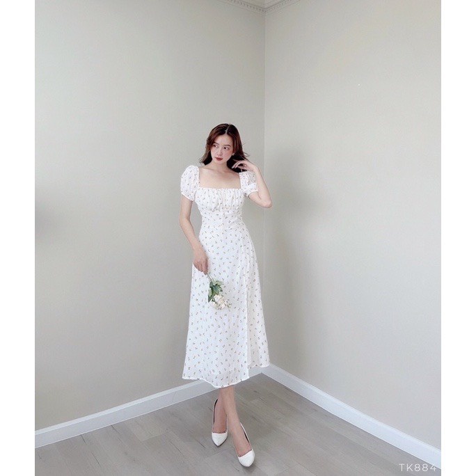 Đầm maxi hoa nhí xẻ tà phù hợp đi biển, du lịch. Đầm mãi có dây cột eo