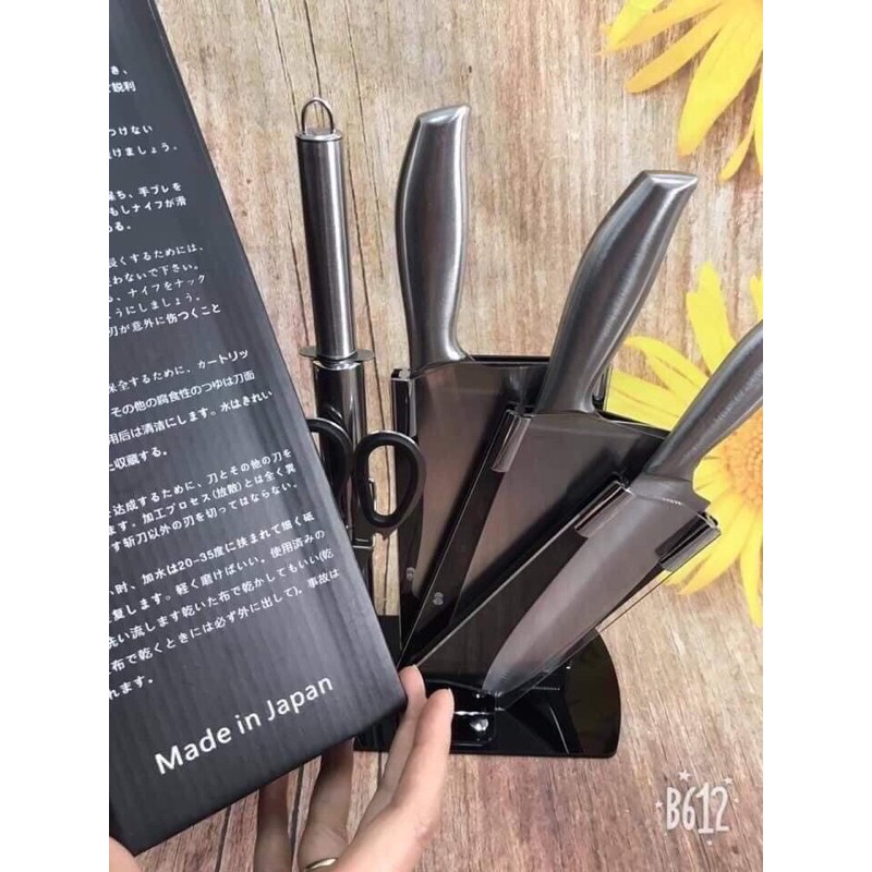 Bộ Dao Nhật 6 Món Inox Nhà Bếp Nguyên Khối Cao Cấp Kèm Khay Đựng