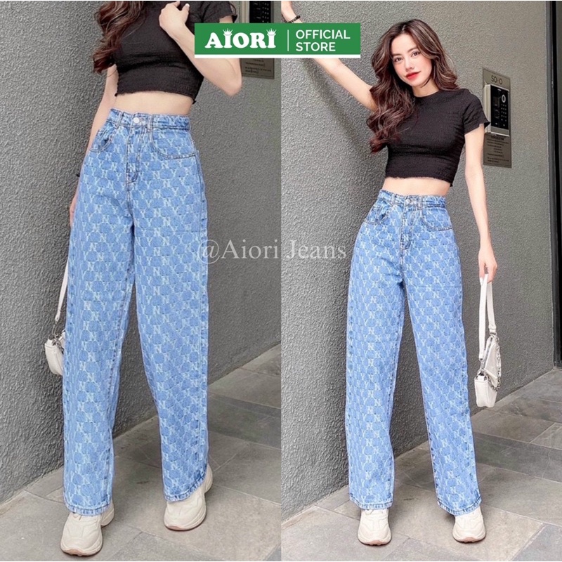 [CAO CẤP - ĐỦ 3 MÀU] Quần Jean Nữ AIORI Ống Suông Lưng Cao Họa Tiết NY Ống Rộng Lưng Kiểu Culottes Thời Trang Hàn Quốc