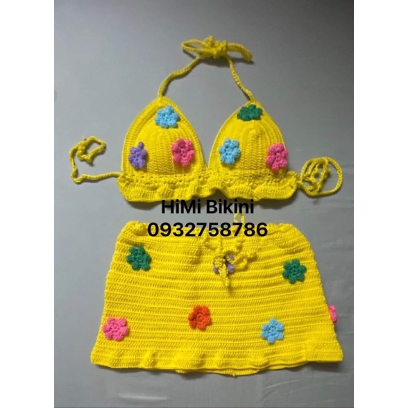 SET VÁY LEN MÓC HANDMADE VÁY BÈO ĐÍNH HOA - BIKINI LEN MÓC