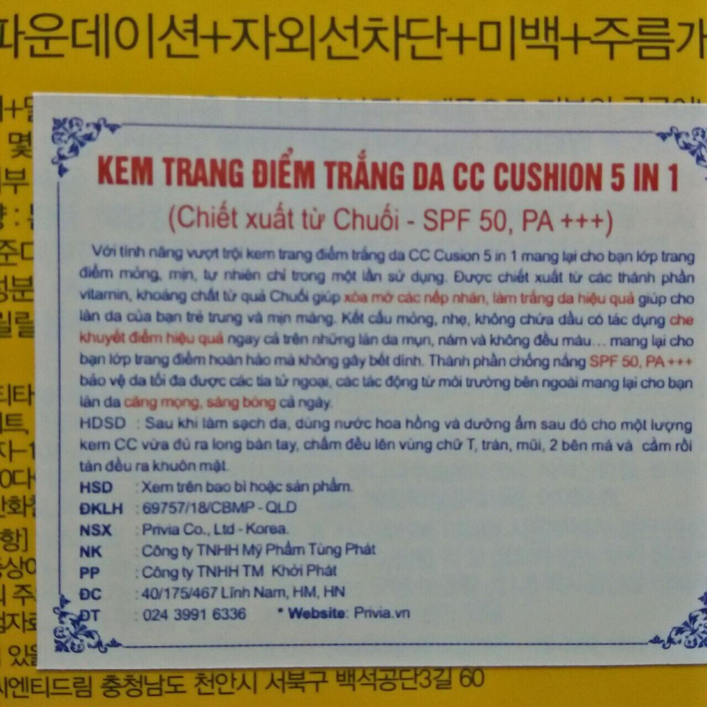 Kem trang điểm trắng da CC Cushion Privia 5 in 1