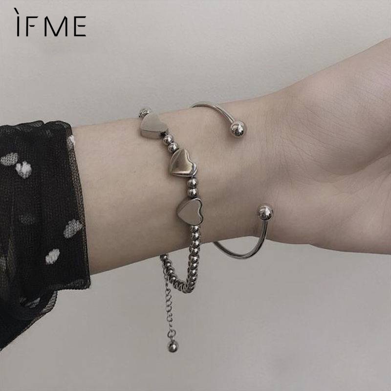 IF ME Vòng Tay Dạng Hở Phối Hạt Hình Trái Tim Thiết Kế Đơn Giản Thời Trang Cho Nữ