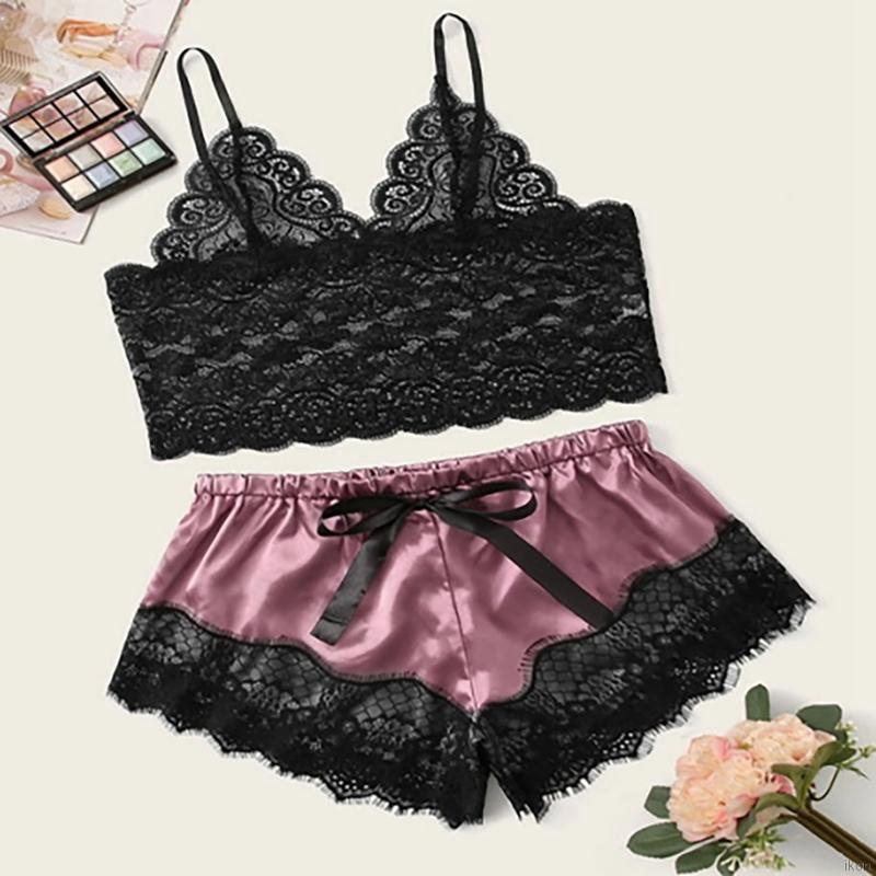 Bộ đồ ngủ vải phi bóng phối ren quyến rũ thời trang dành cho nữ