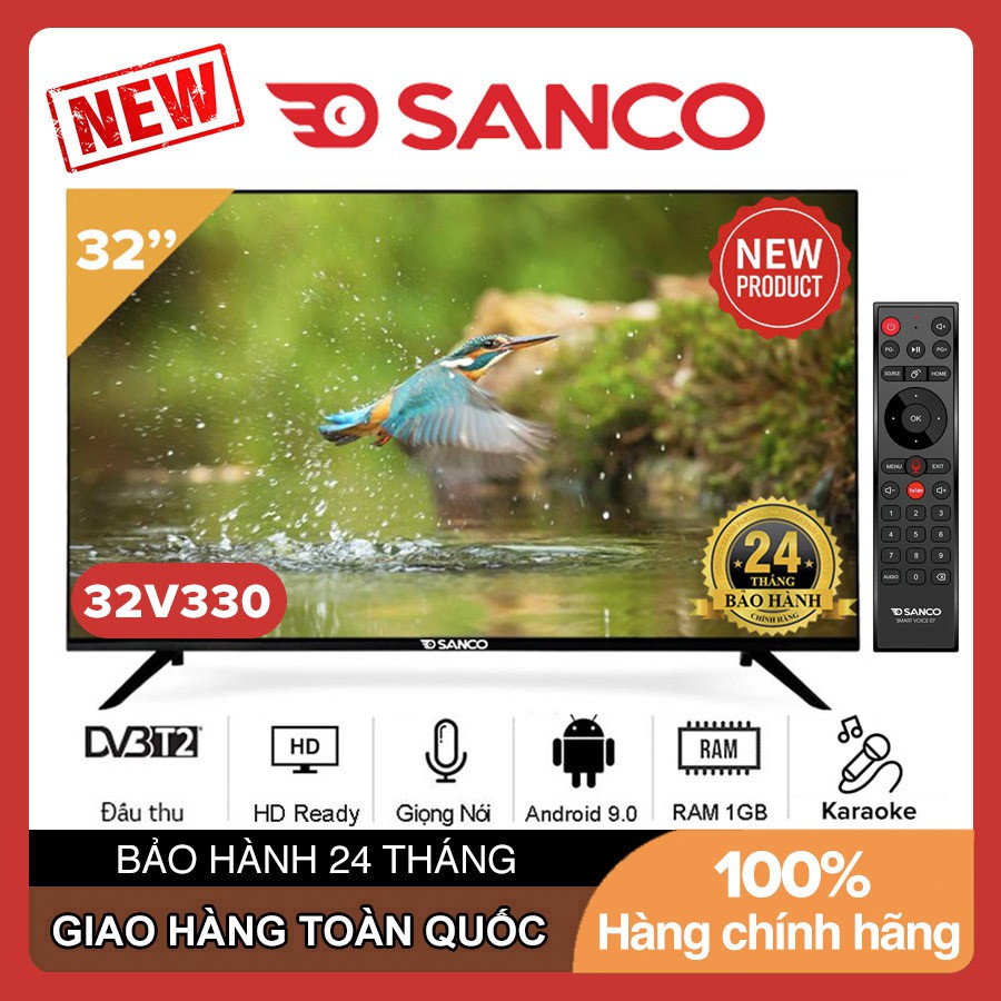 Smart Voice Tivi SANCO 32 inch HX32V330 Android 9.0, Có Remote Giọng Nói, DVB-T2, Tấm nền Samsung, Tivi Giá Rẻ