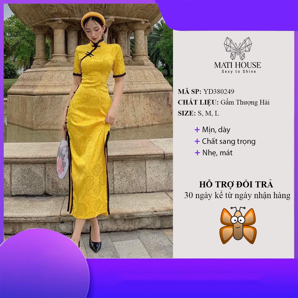 Sườn Xám Cách Tân Trung Hoa Dáng Dài Nữ Tết 2022 Ôm Body Chất Gấm  Màu Đỏ, Vàng, Hồng, Đen Mati House