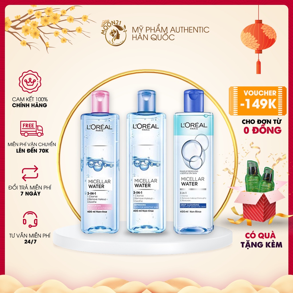 Nước tẩy trang sạch sâu cho da L'Oreal Paris 3-in-1 Micellar Water 400ml Auth Hàn Quốc