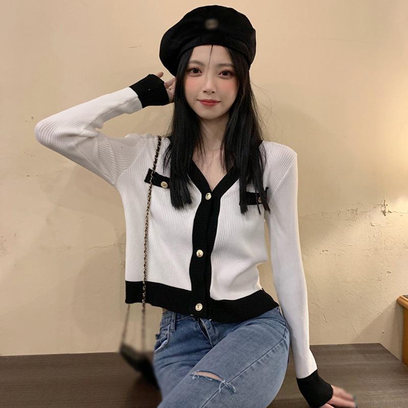 Áo croptop dệt kim tay dài cổ chữ V phối màu