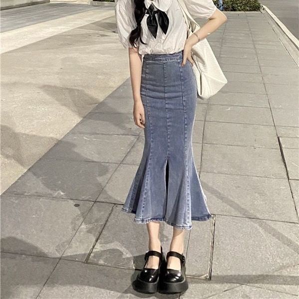 Jiashucheng Chân Váy Denim Đuôi Cá Lưng Cao Co Giãn Xẻ Tà Phong Cách Mới