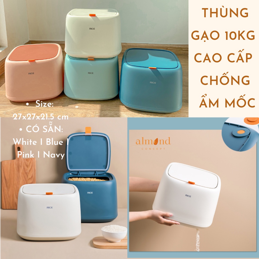 Thùng Đựng Gạo Nhựa Vuông Thông Minh Có Nắp Đậy Kiểu Bắc Âu 10kg, Đựng Thực Phẩm Khô, Chống Ẩm, Cứng Cáp Almondconcept