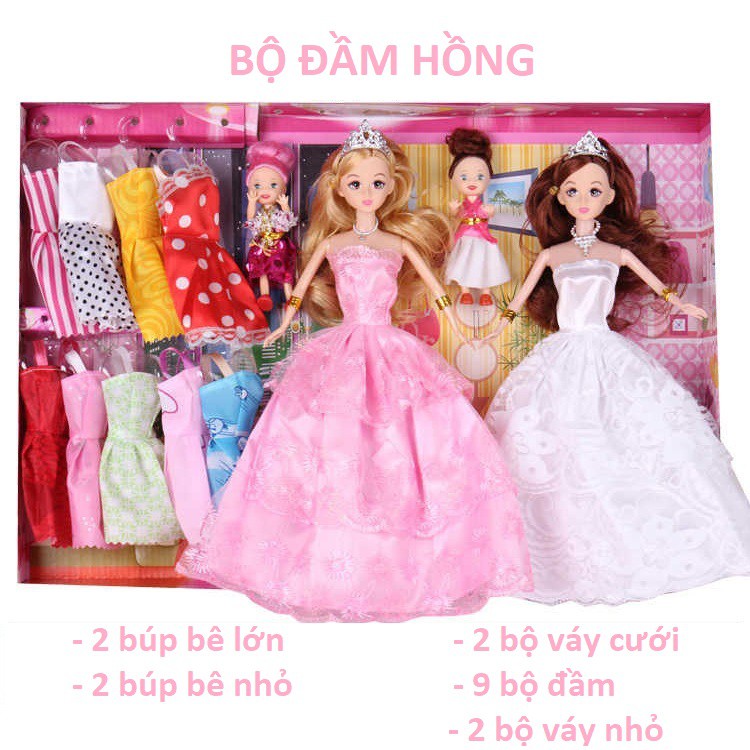 Bộ đồ chơi 2 Búp bê mặc đầm cưới và 9 bộ đầm nhỏ