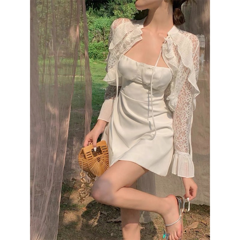 [Có ảnh thật] Set áo khoác ren tay dài+đầm 2 dây gợi cảm phong cách ulzzang SAM SAM BOUTIQUE