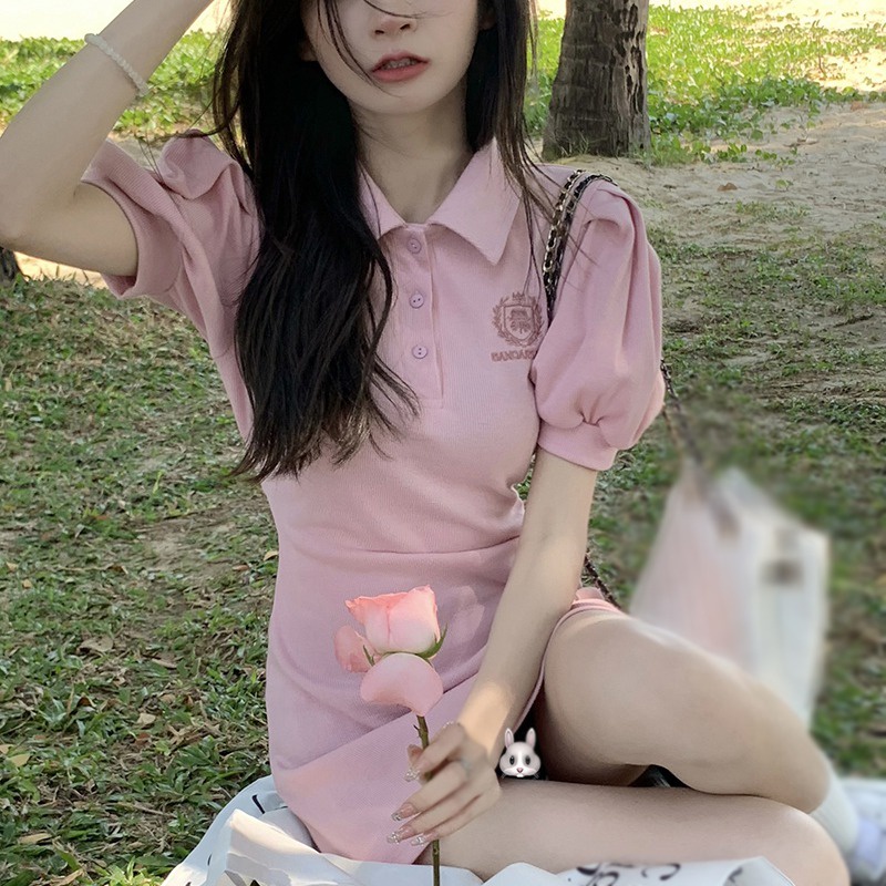 Đầm Tay Ngắn Màu Trơn Dáng Ôm Thời Trang Mùa Hè Hàn Quốc Cho Nữ