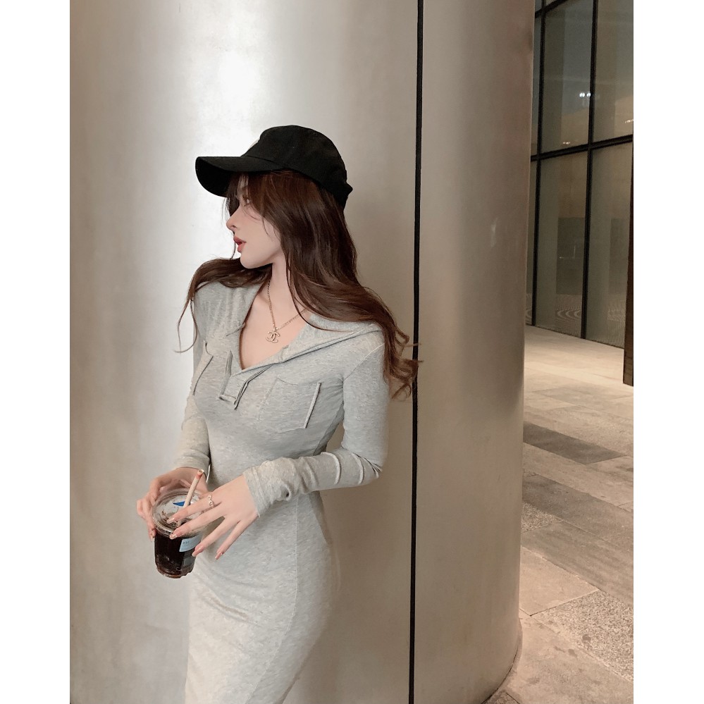 Váy body nữ dài tay có mũ trùm đầu thiết kế ôm sát phong cách gợi cảm khí chất hàng Quảng Châu thu đông