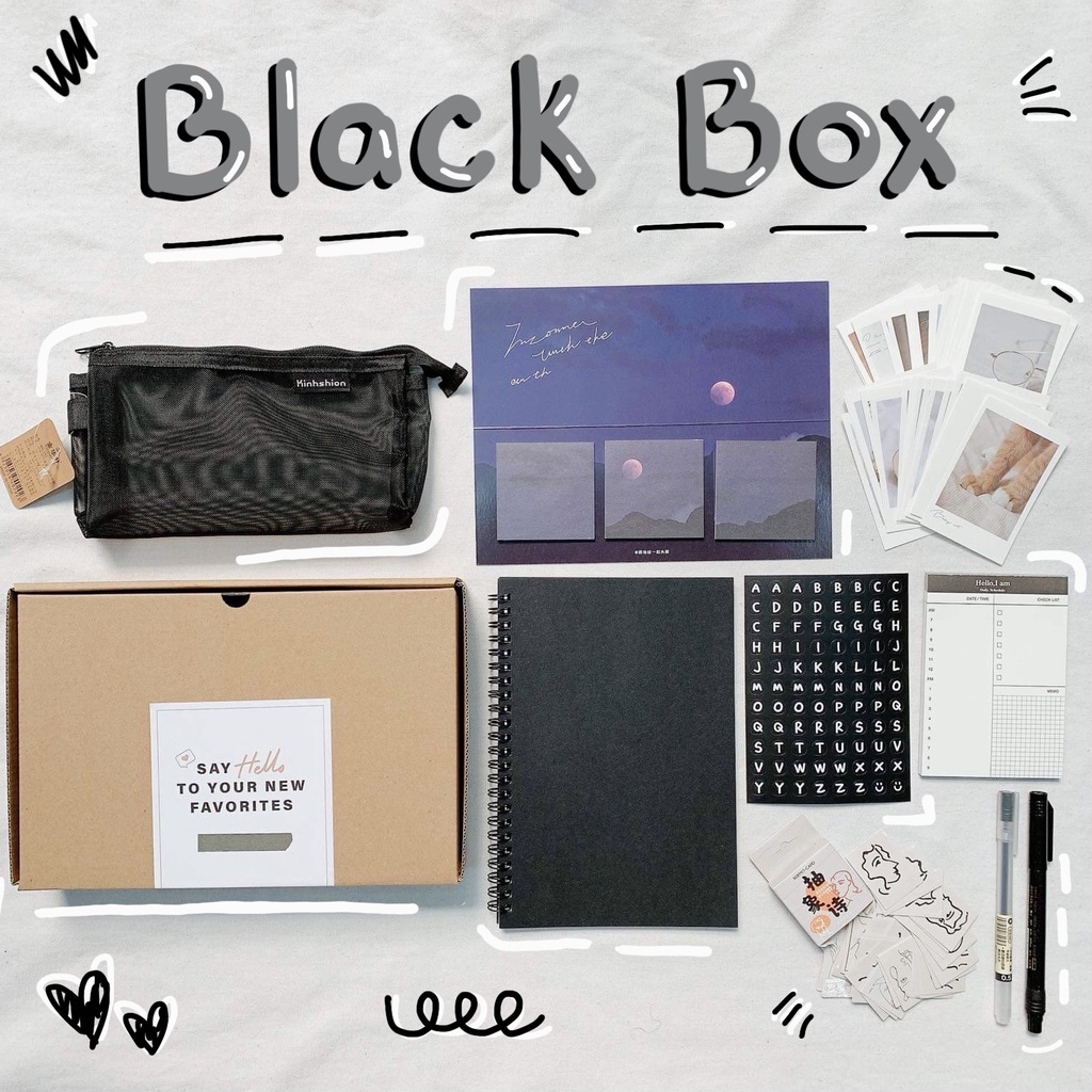 Black Box - Combo Đồ Dùng Stationery Tone Màu Đen - Set Dụng Cụ Take Note - Sổ Còng Binder, Hộp Bút Pastel, Sticker