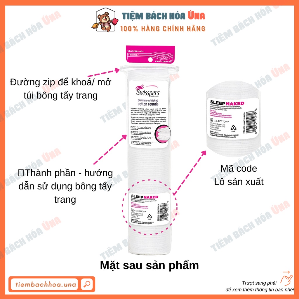 Bông tẩy trang cao cấp Swisspers Premium Cotton Rounds dạng tròn có may viền 100 miếng và 80 miếng của Mỹ