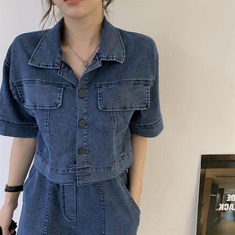Bộ Áo Khoác Denim Ngắn Tay Dáng Rộng + Quần Short Lưng Cao Thời Trang Hàn Quốc 2022 Dành Cho Nữ