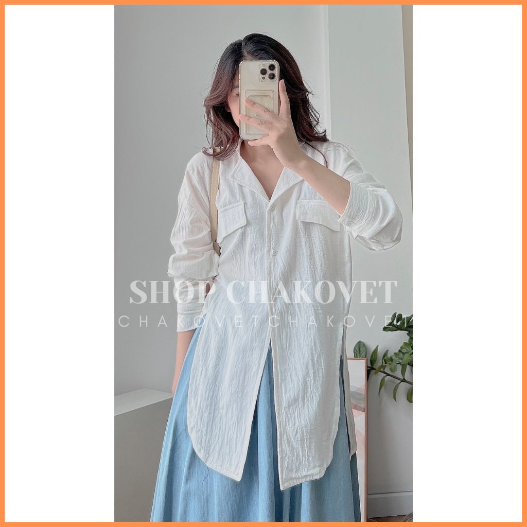 Áo sơ mi nữ dài tay Uzzang Vintage A8423 Áo đũi cổ Vest xẻ tà giả túi học sinh, công sở mặc siêu đẹp - CHAKOVET