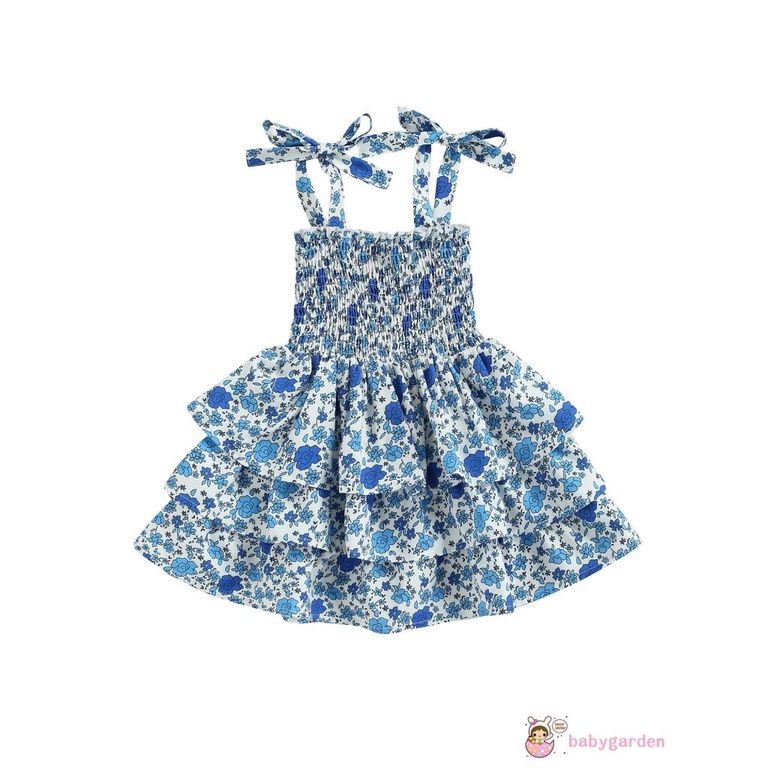 Đầm hai dây xếp ly nhiều lớp in hoa đơn giản cho bé gái 6 tháng tuổi 4 tuổi