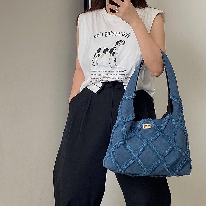 [SẴN] Túi tote denim Vintage 90s_túi vải màu denim cổ điển