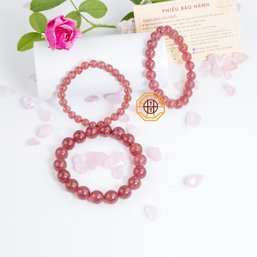 Vòng tay phong thủy đá T Anh Dâu Tây Hồng [TẶNG HỘP GỖ CAO CẤP] may mắn cho nữ mệnh Hỏa Thổ - Phong Thủy Tây Tạng