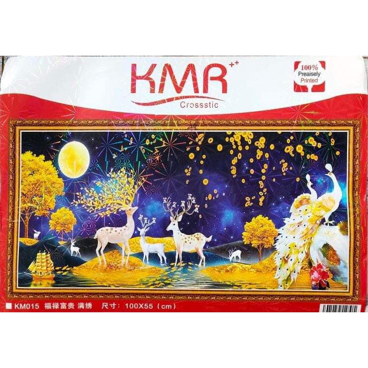 Tranh thêu kín Hươu nai tài lộc phát tài E196YN, E78 (100x55cm) - tranh chưa thêu
