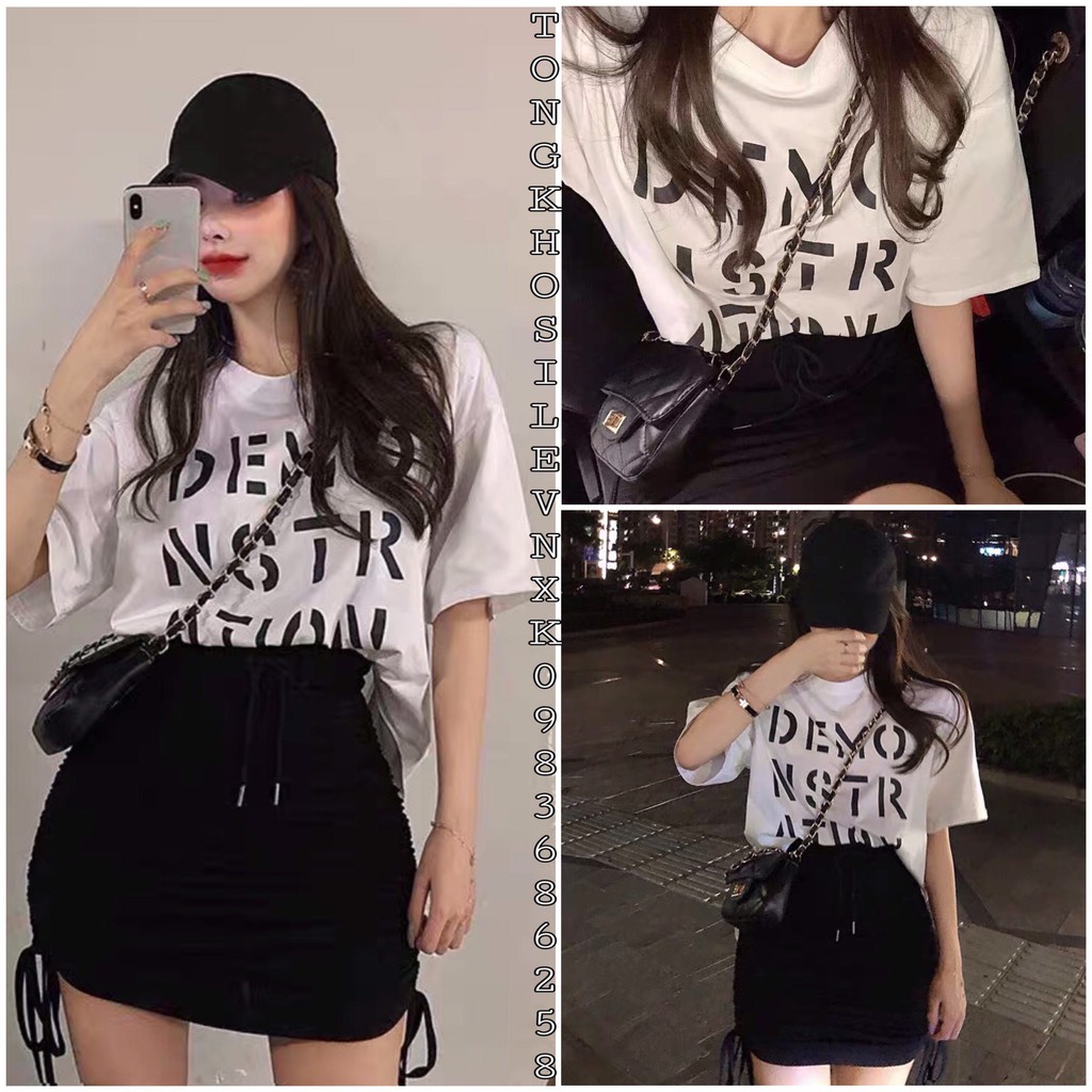 Bộ Áo Thun Chân Váy Ngắn DEMO 🦋 Set Chân Váy Rút Dây Dài Ngắn Mặc 2 Kiểu Đen Kèm Áo Phông Cộc Tay ATION In Chữ Trắng 🦋