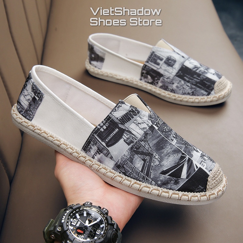 Giày lười vải nam đế cói in họa tiết - Slip on nam - Chất liệu vải bố cotton 2 màu đỏ và xám - Mã 2951