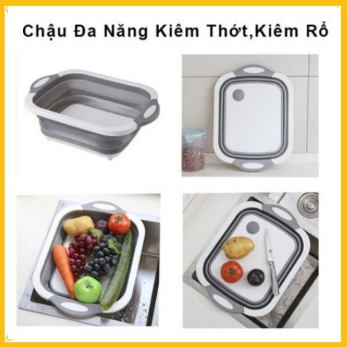 Chậu Đa Năng Gấp Gọn Thông Minh 3 in 1 Kiêm Thớt Trong Tổ Gập Kèm Rá Rửa Rau Nhựa Nhà Bếp Tiện Dụng