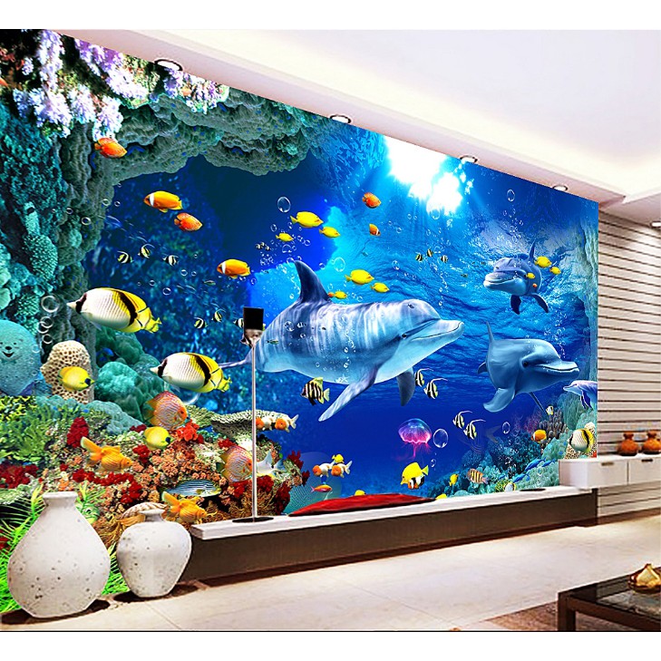 Tranh dán tường 3D phong cảnh đại dương cá heo - VẢI LỤA  phủ kim sa