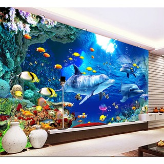 Tranh dán tường 3D phong cảnh đại dương cá heo - VẢI LỤA  phủ kim sa (kích thước theo yêu cầu)