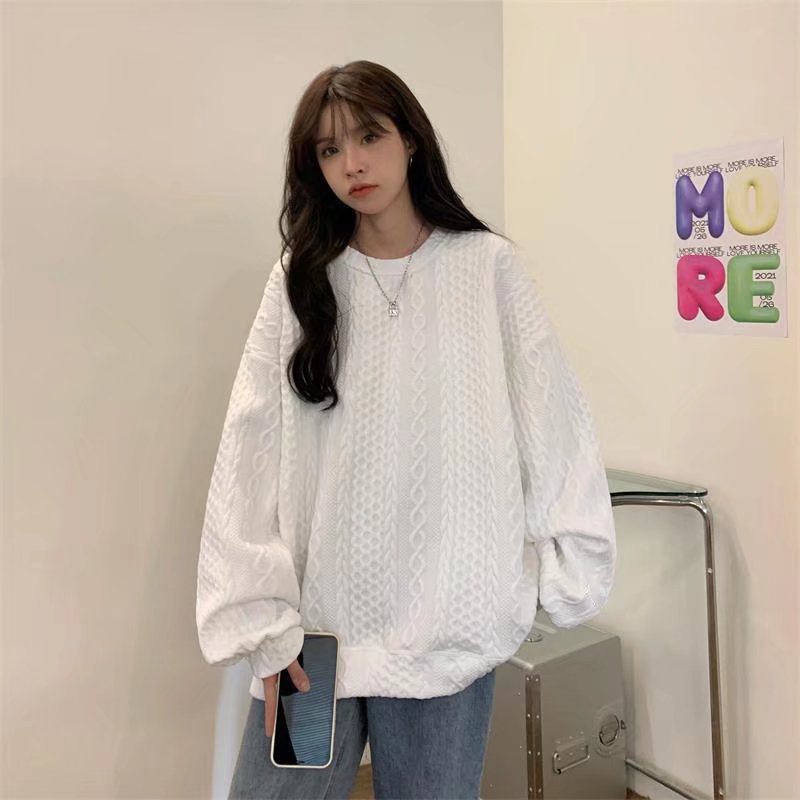 Áo sweater vải lanh mỏng cổ tròn dáng rộng màu trắng phong cách Hồng Kông cho nam và nữ