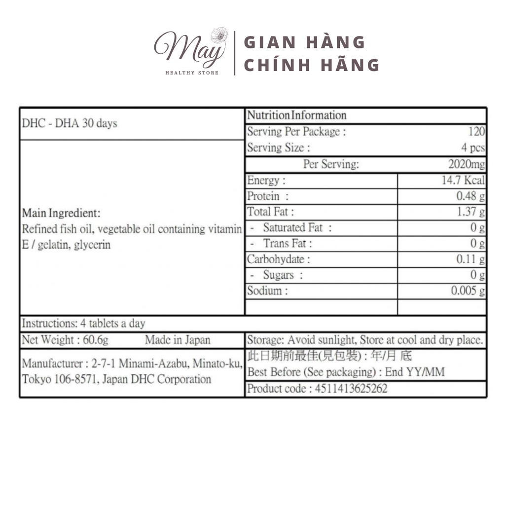 Viên Uống DHA DHC 30 ngày Bổ Não, Mắt Và Tim Mạch (Gói 120 Viên)