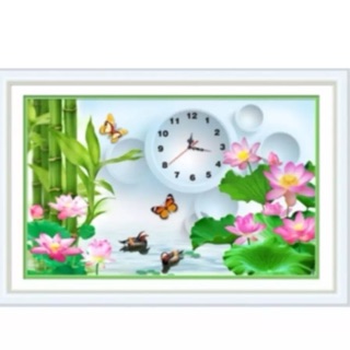 Tranh Thêu Chữ Thập Đồng Hồ Hoa Sen ( KT 48x33 )