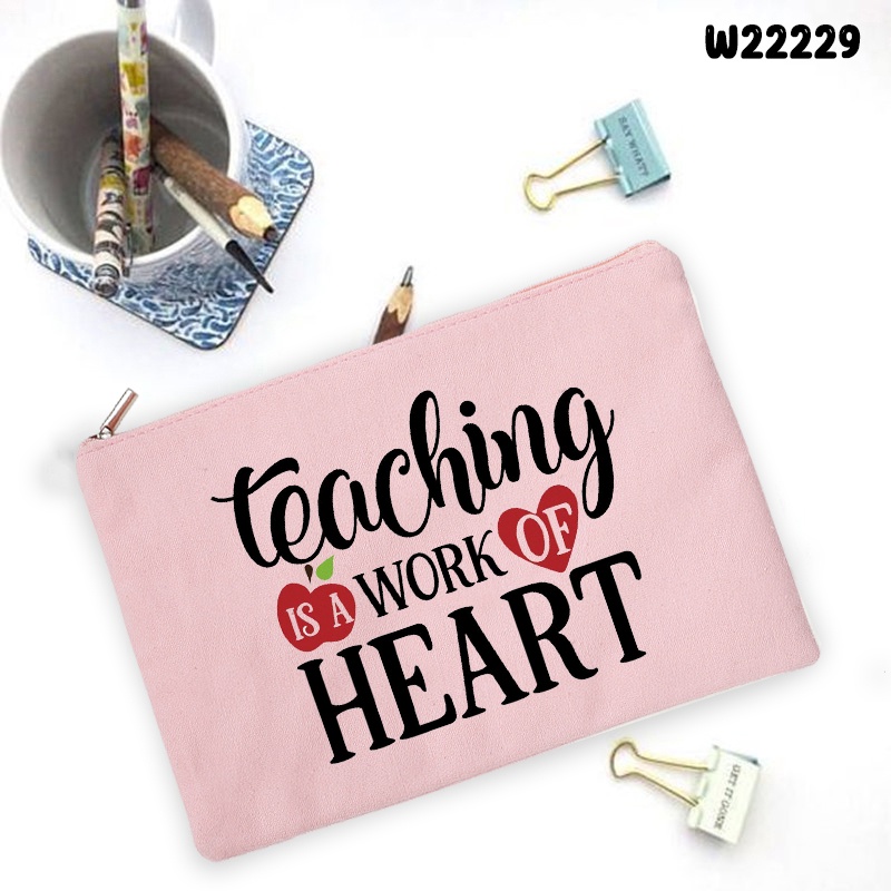 Túi Vải canvas Đựng Bút Chì In Chữ teacher life Dùng Khi Đi Du Lịch