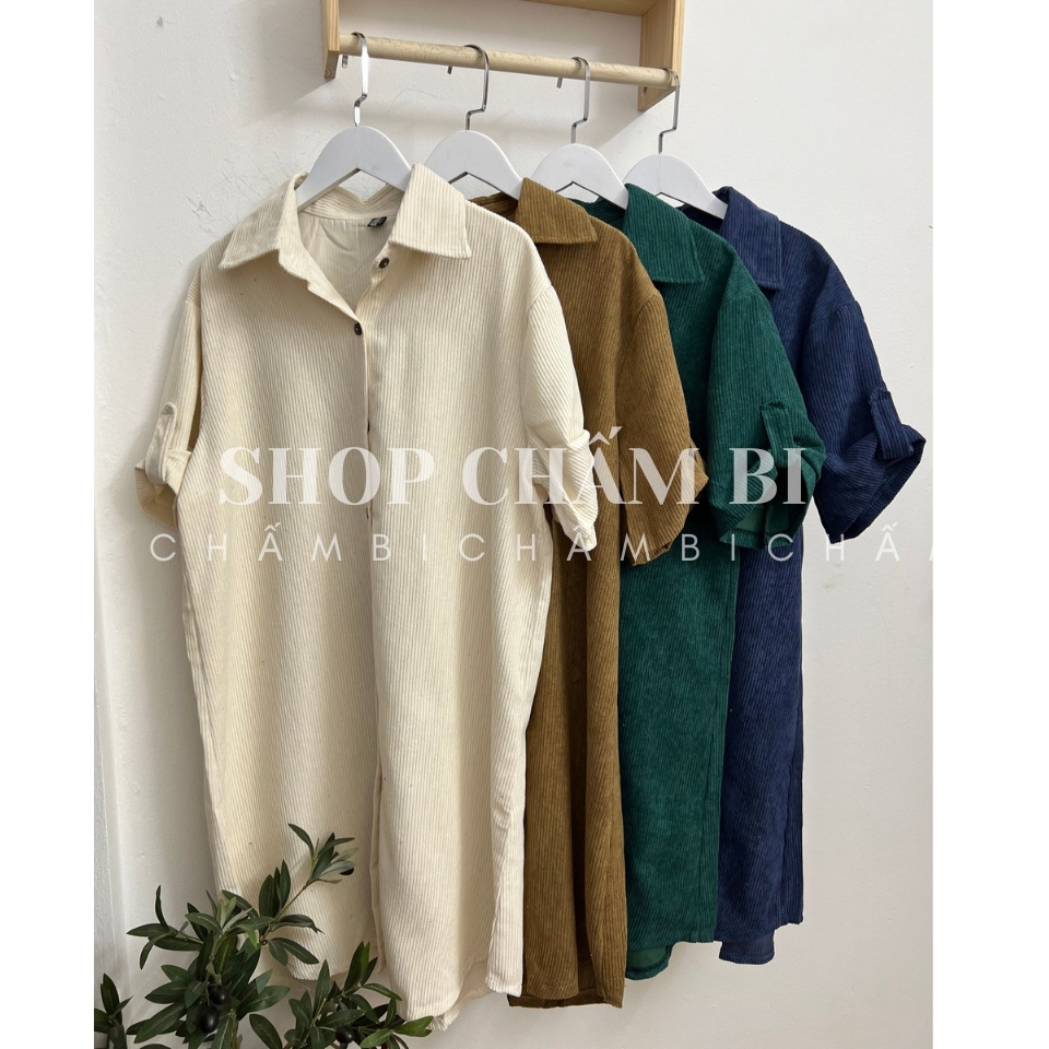 Váy sơ mi nhung tăm basic V.130, Váy kiểu dáng suông cộc tay gấp gấu 4 màu cách điệu - Thời trang nữ Chấm Bi | BigBuy360 - bigbuy360.vn