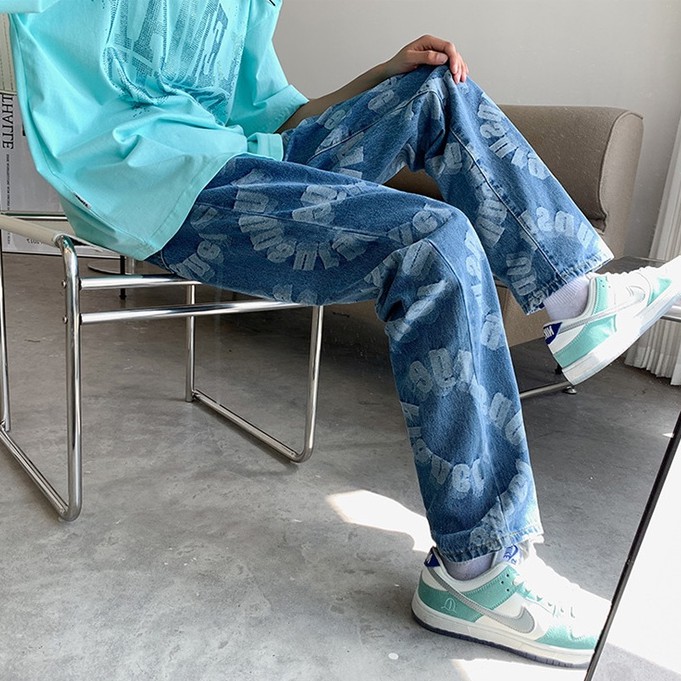 Quần Jean Dài Ống Rộng Phong Cách Hip Hop Đường Phố Mỹ Cá Tính Cho Nam