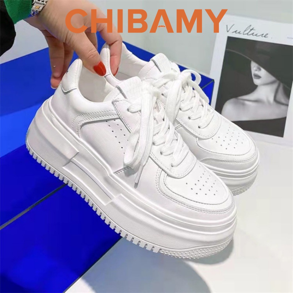 Giày thể thao nữ Trắng NK chất da lì đế răng cưa cao 5cm, giày Sneaker học sinh CHIBAMY