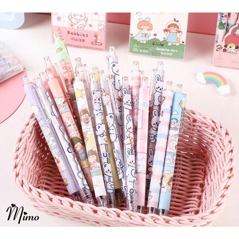 Bút gel đen 0.5mm cute set 6 bút bấm họa tiết hoạt hình dễ thương