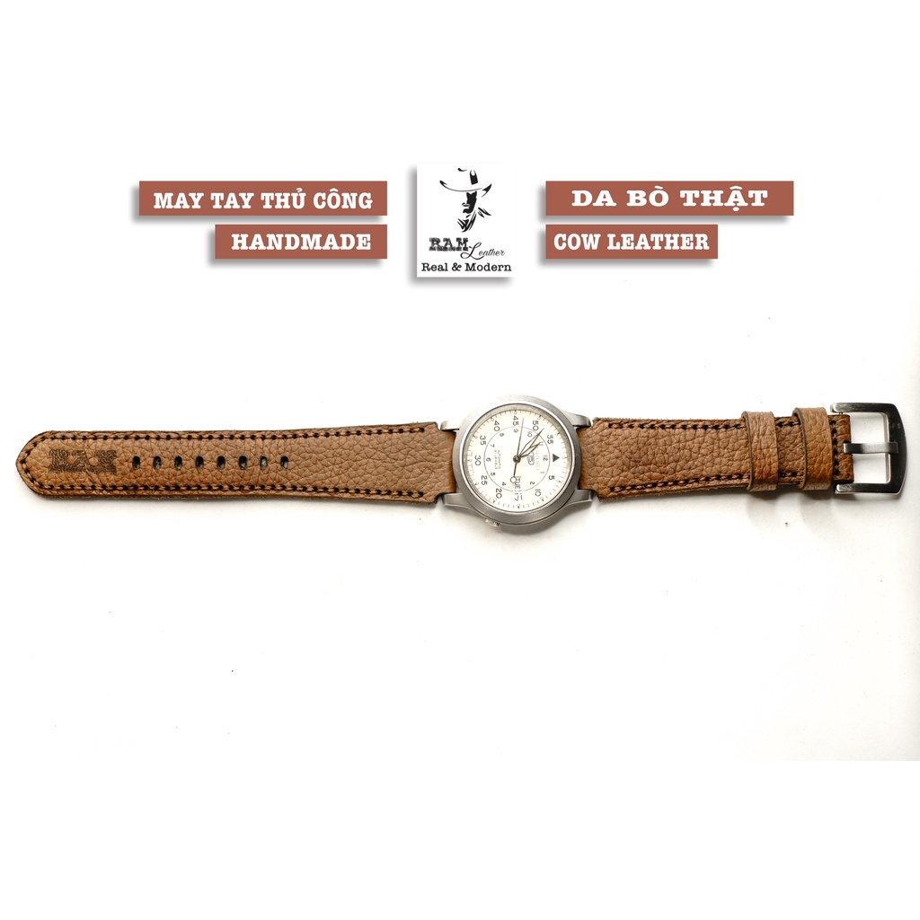 Dây đồng hồ RAM Leather vintage cho seiko 5 37mm da bò thật - size 18