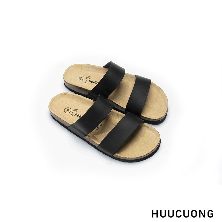 Dép unisex HuuCuong 2 quai da bò đen đế trấu handmade