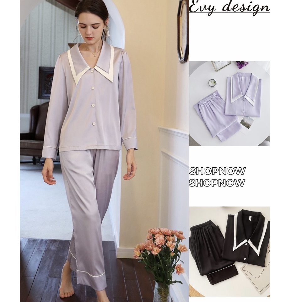 Bộ pizama dài tay, bộ ngủ lụa ngoc trai Pháp cao cấp nữ tính BN018