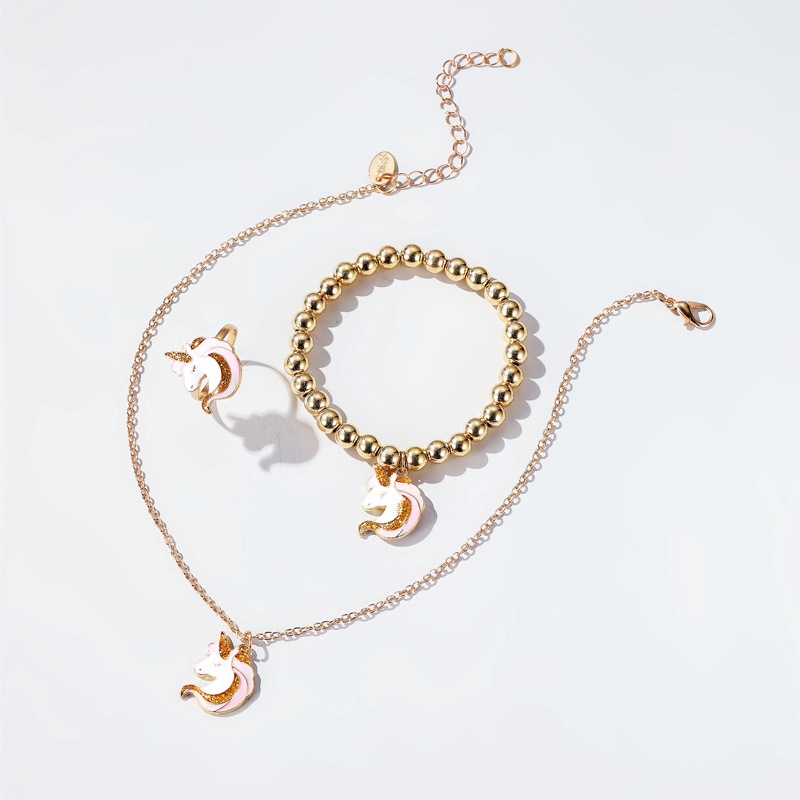 New Cartoon Unicorn Multicolor Necklace Bracelet Ring Women 's Jewelry