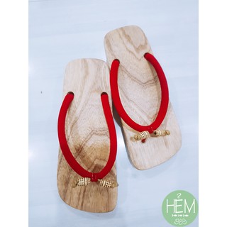 Guốc gỗ Nhật/Geta màu gỗ tự nhiên quai nhung đỏ kết hạt 2 phân/4 phân