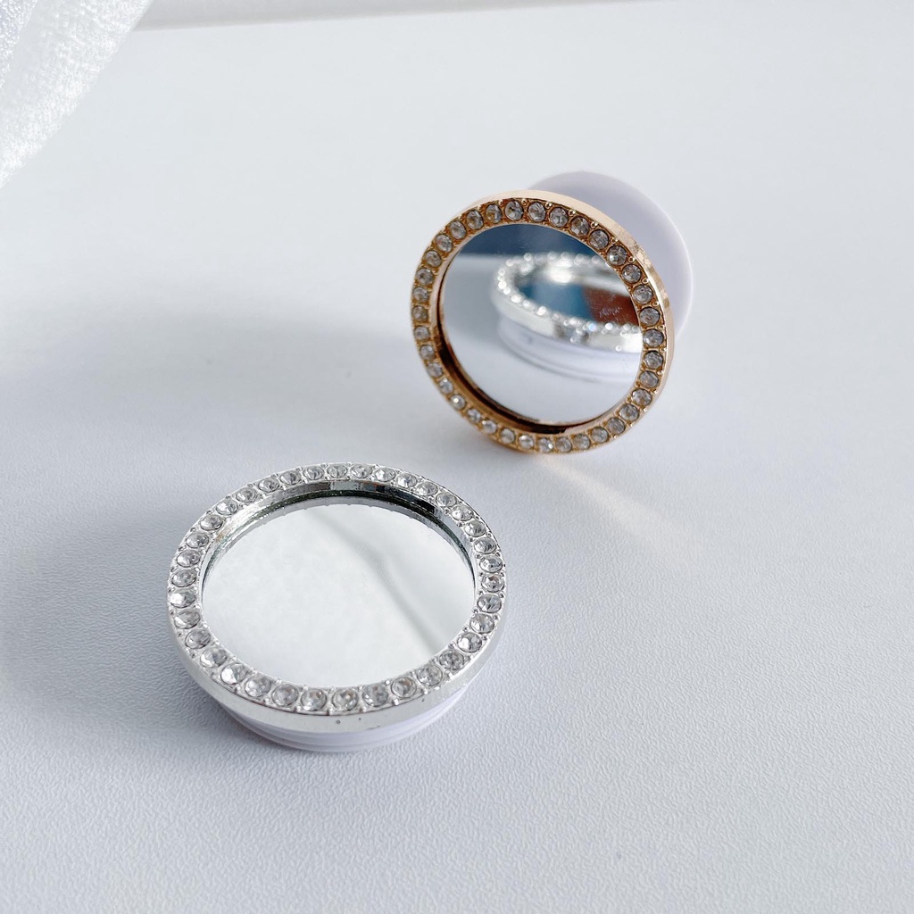 Giá đỡ điện thoại để bàn đính đá tích hợp gương dễ thương có thể thu gọn tiện lợi