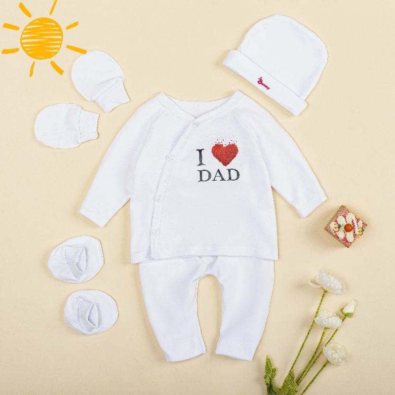 Bunnybaby - Combo 2 bộ sơ sinh I love Mom+ Dad BUNNY bao gồm nón vớ